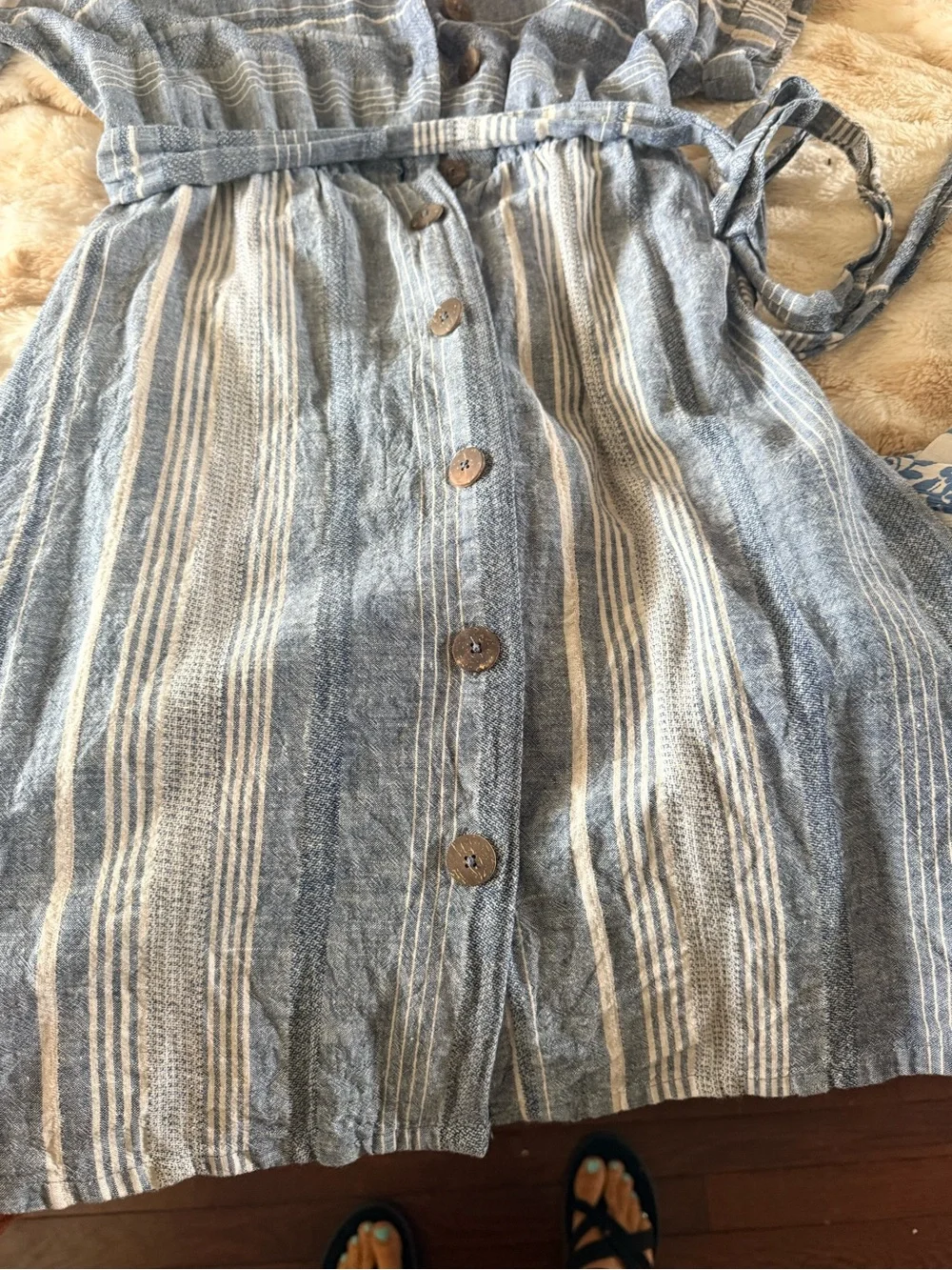 Button-Front Blue Striped Belted Dress - Picture 5 of 6